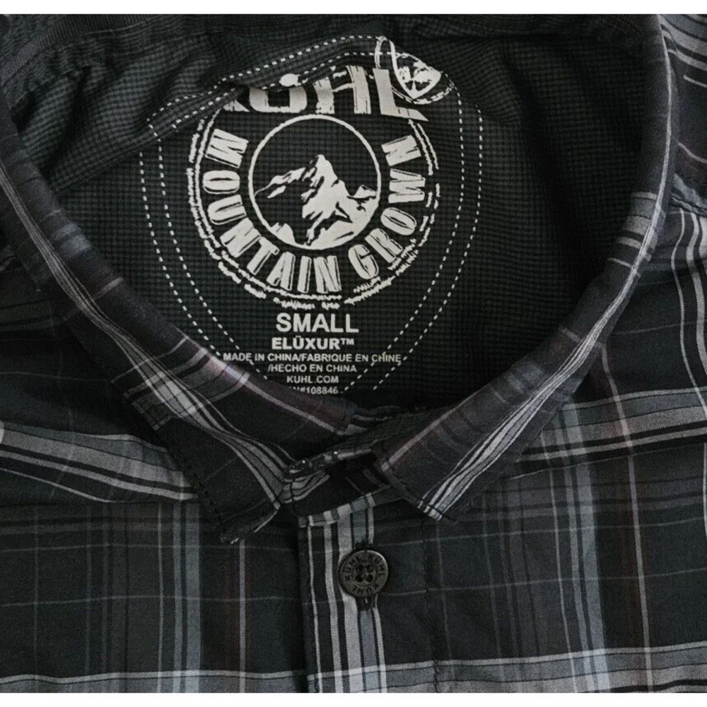 Kuhl Eluxur (Mens Small) Button Up Shirt Blue Plaid Short Sleeve Hiking Outdoors